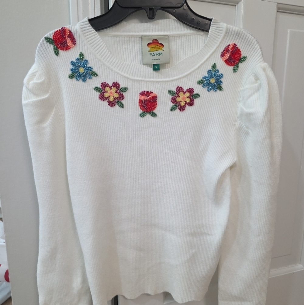 Farm Rio Off-white flower embroidery Knit Sweater small - Picture 4 of 7